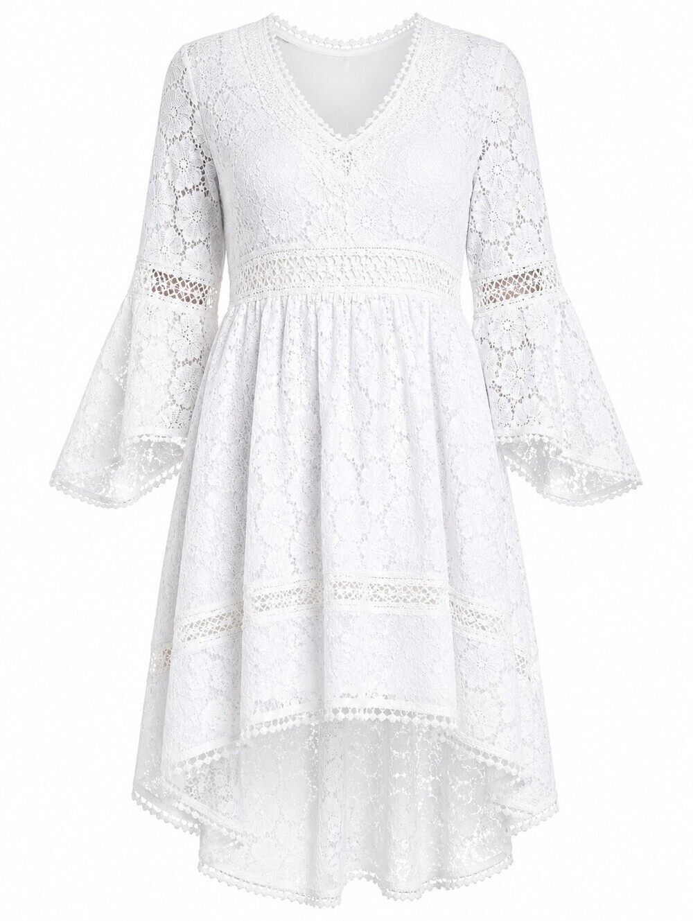 Eliza J White Cotton Eyelet High-Low Flared Bell Sleeve Pom Pom Trim Boho Sz 4